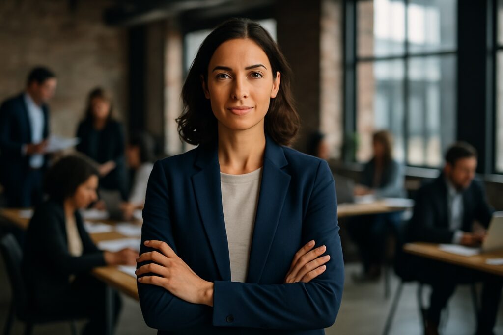 Leader showing emotional intelligence under stress, maintaining focus and connection with her team.